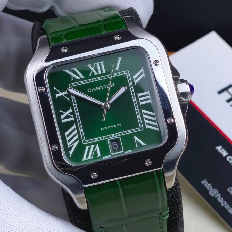 Cartier Santos Argenté Vert Cuire Automatique Hommes