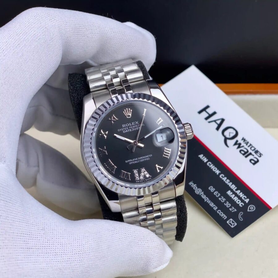 Rolex Date Just Argenté Noir Femmes