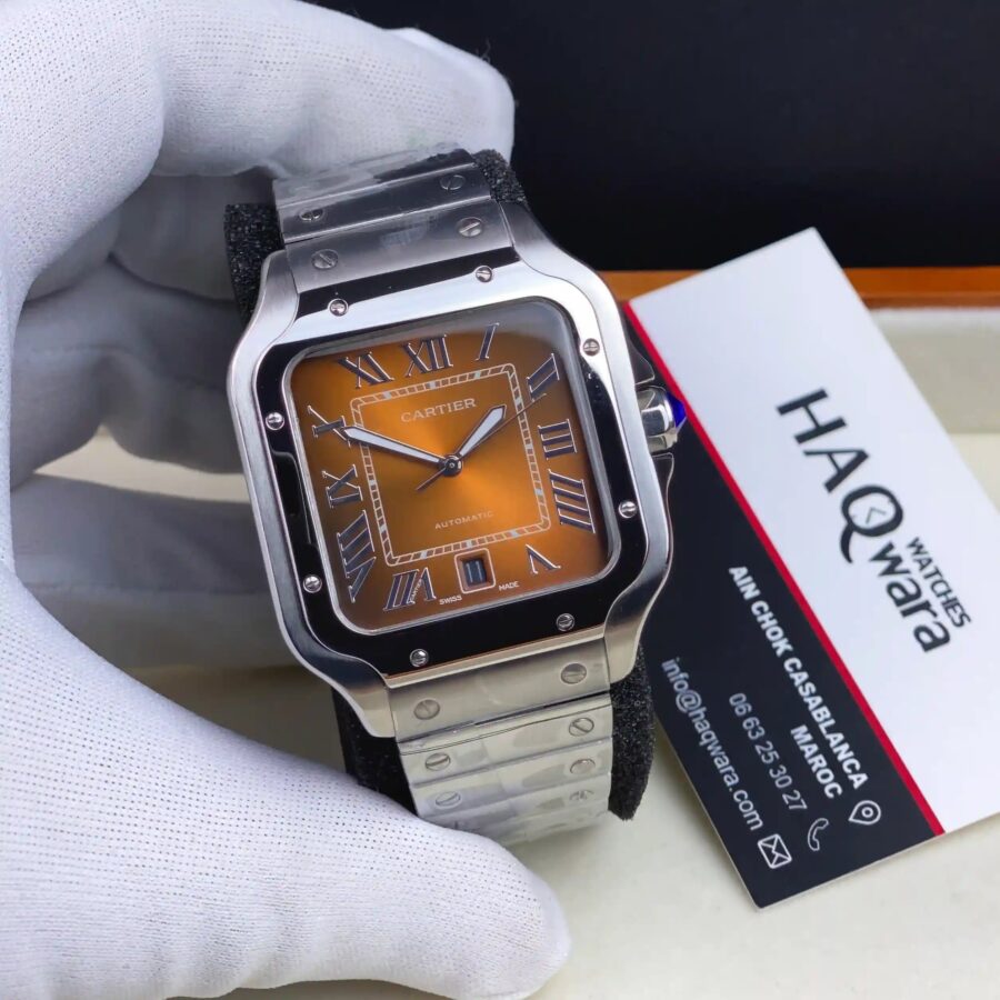 Cartier Santos Argenté Marron Automatique Hommes