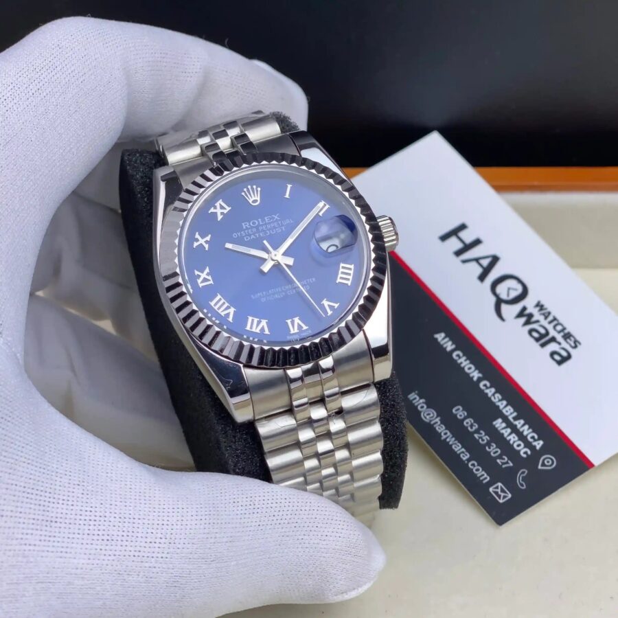 Rolex Date Just Argenté Bleu Femmes