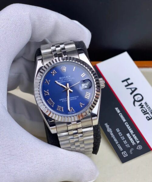 Rolex Date Just Argenté Bleu Femmes