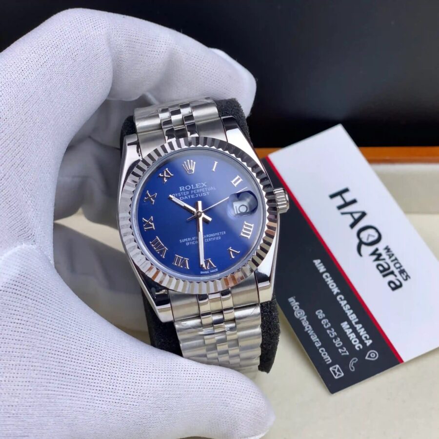 Rolex Date Just Argenté Bleu Femmes