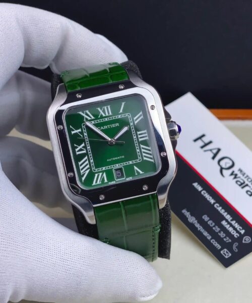 Cartier Santos Argenté Vert Cuire Automatique Hommes