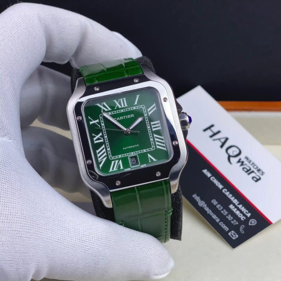Cartier Santos Argenté Vert Cuire Automatique Hommes