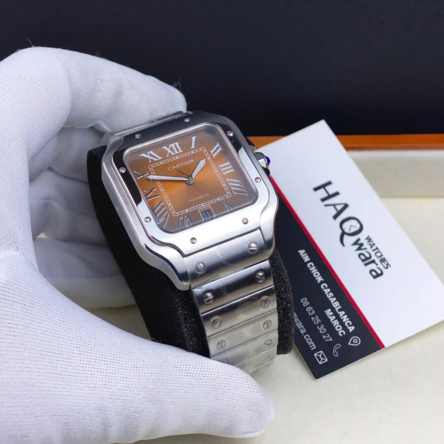 Cartier Santos Argenté Marron Automatique Hommes