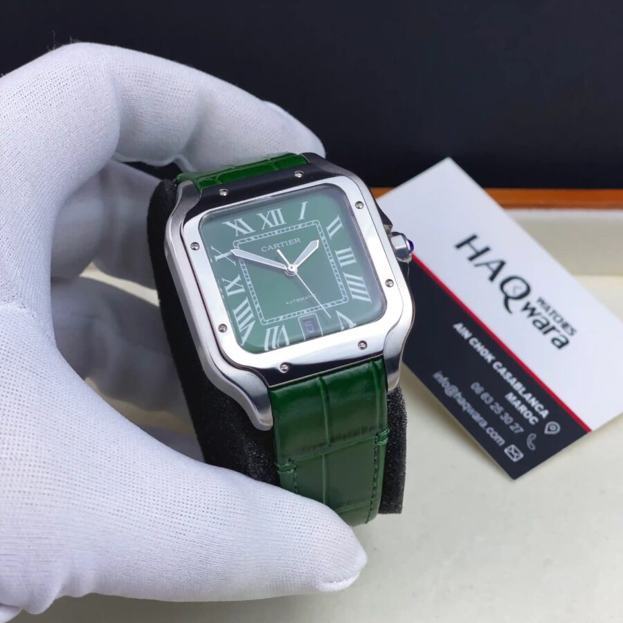 Cartier Santos Argenté Vert Cuire Automatique Hommes
