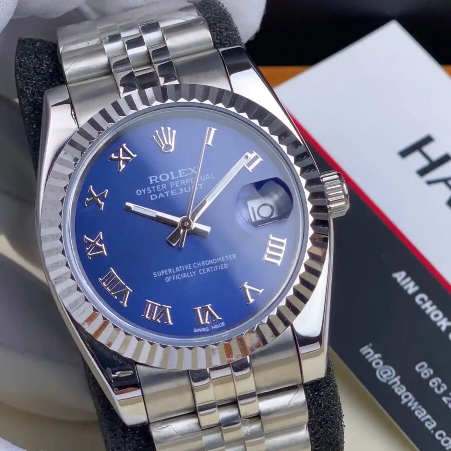 Rolex Date Just Argenté Bleu Femmes