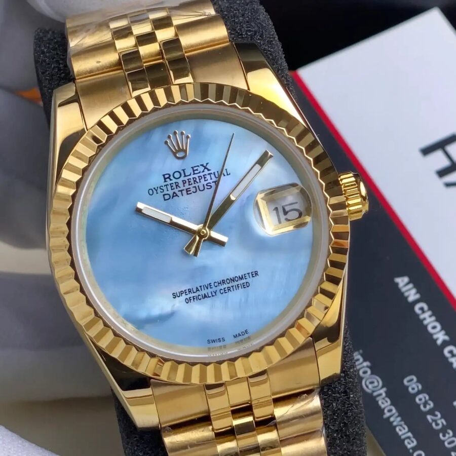 Rolex Date Just Doré Bleu Femmes