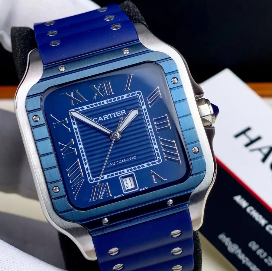 Cartier Santos Argenté Bleu Caoutchou Automatique Hommes