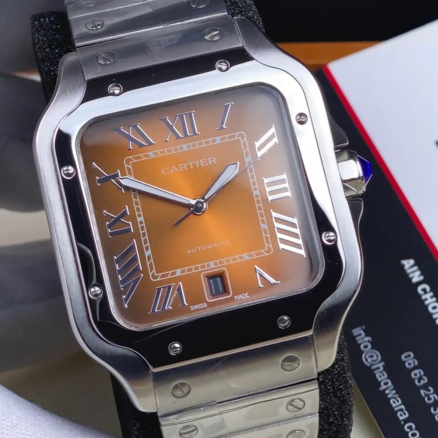 Cartier Santos Argenté Marron Automatique Hommes