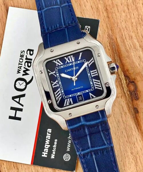 Cartier Santos Argenté Bleu Cuire