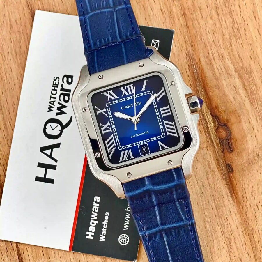 Cartier Santos Argenté Bleu Cuire